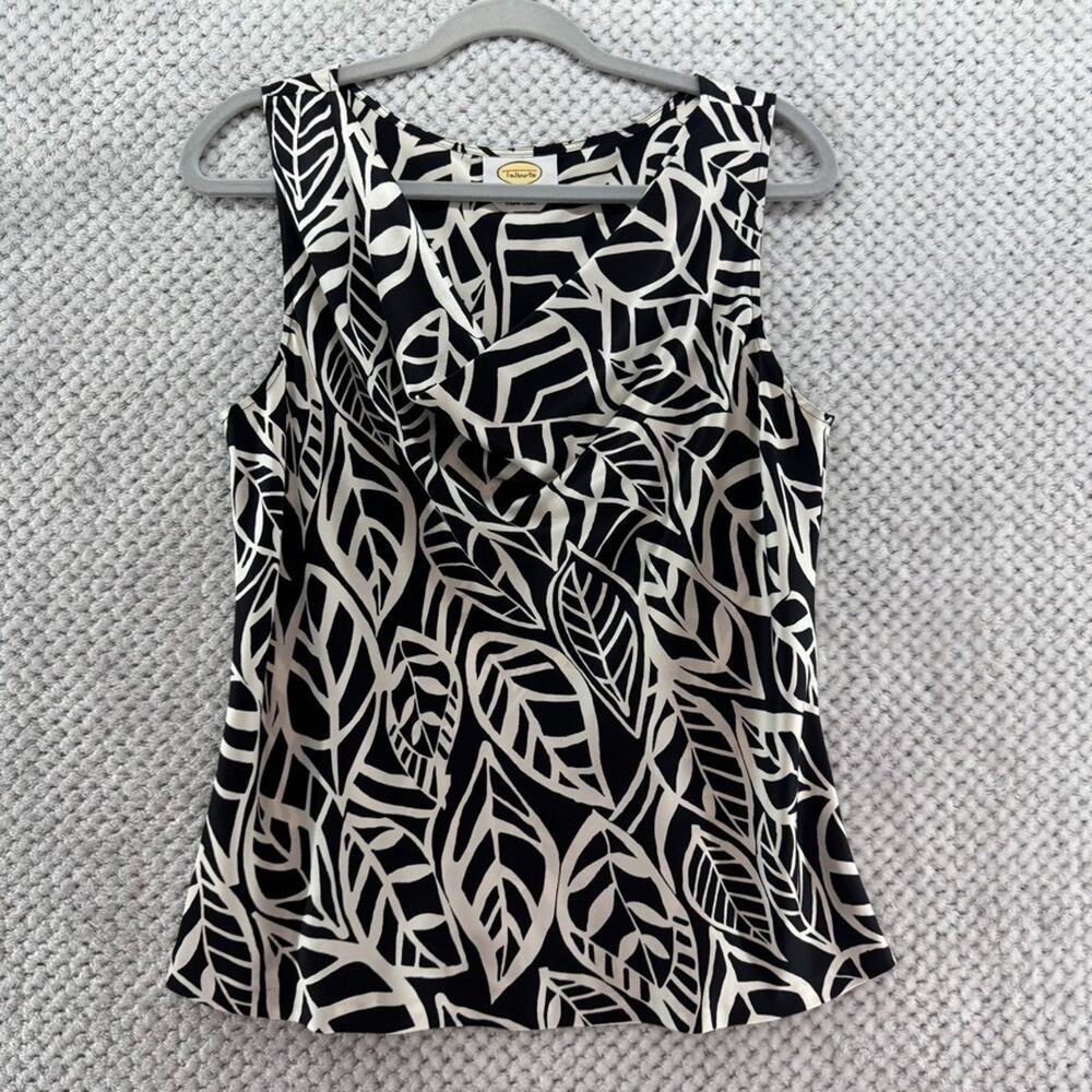 VTG Talbots Top Womens PM Black White Silk Satin Sleeveless Cowl Neck Career